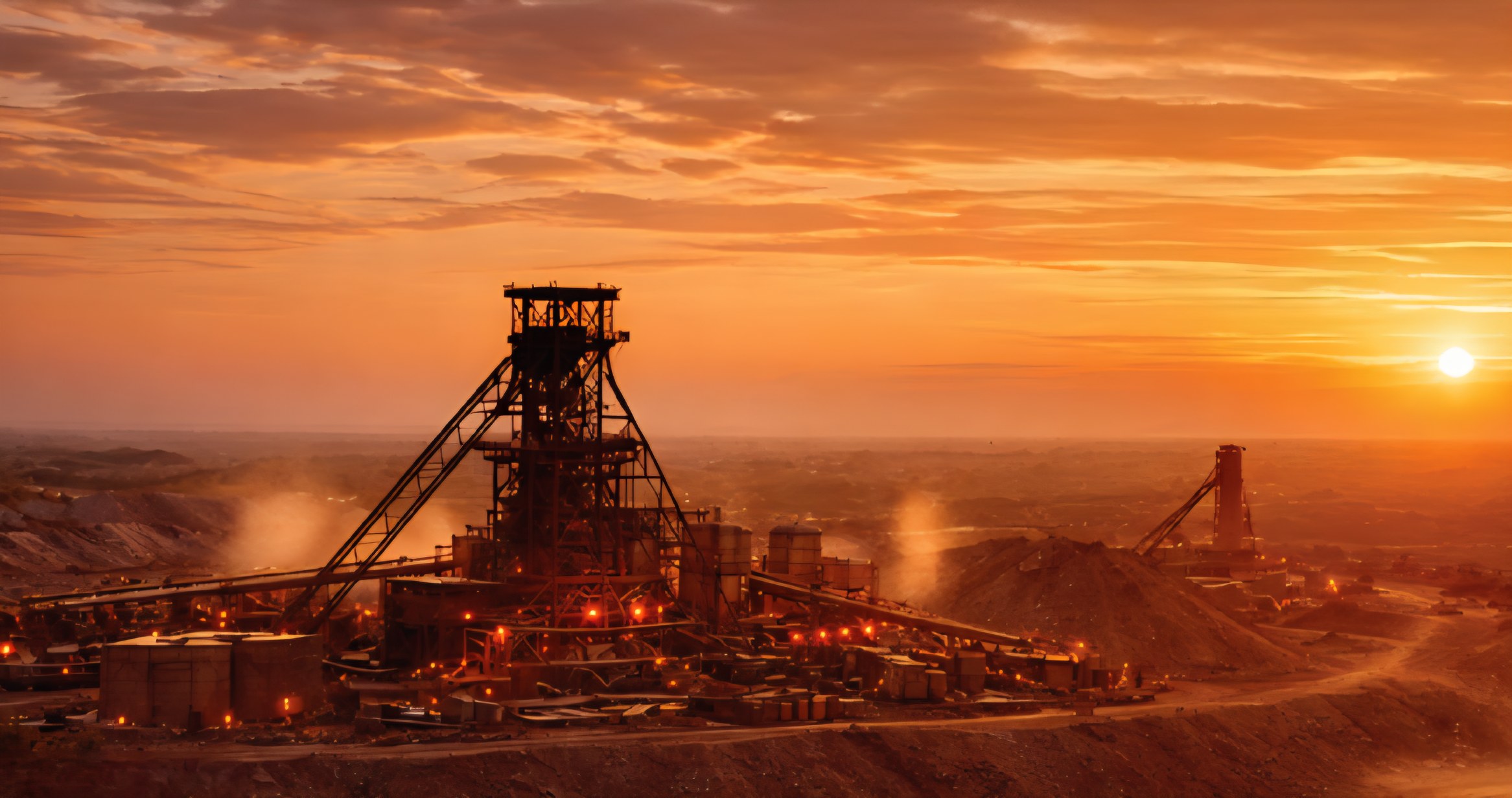Mine headgear and processing infrastructure silhouetted against a dusty highveld sunset