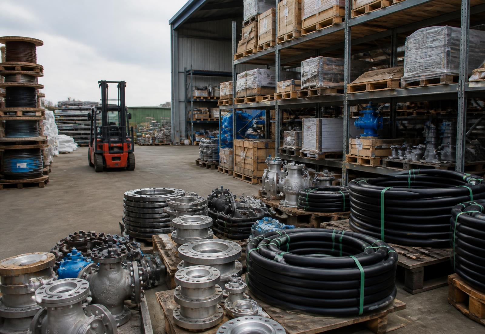 Industrial supply yard stacked with pipes, valves and mining equipment